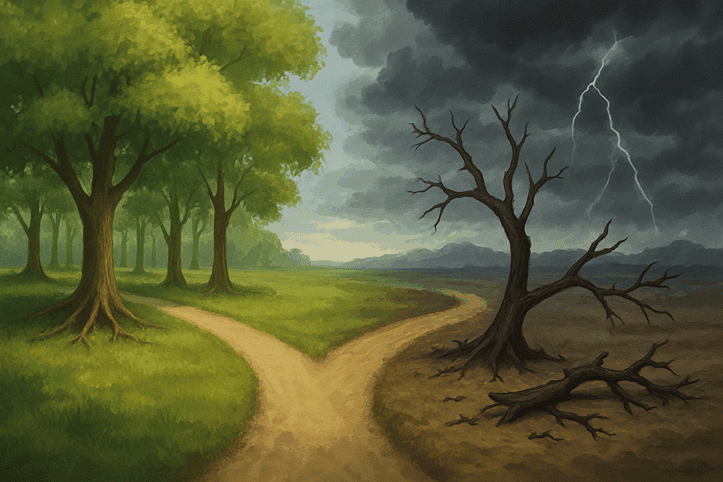 Fork in a path symbolizing what is senile dementia, with one trail through a healthy forest and the other into a stormy, decaying landscape.