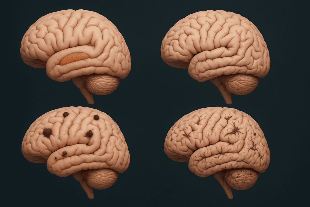 3D comparison of aging human brains showing normal shrinkage and pathological changes with plaques and tangles, visualizing what is senile dementia.