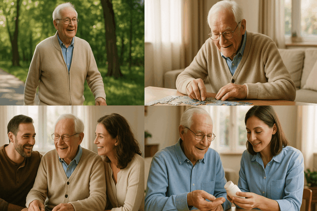 Elderly man engaging in brain-healthy activities—walking, solving a puzzle, connecting with family, and taking supervised medication—illustrating holistic care for age-related cognitive decline and supporting search visibility for what is senile dementia.