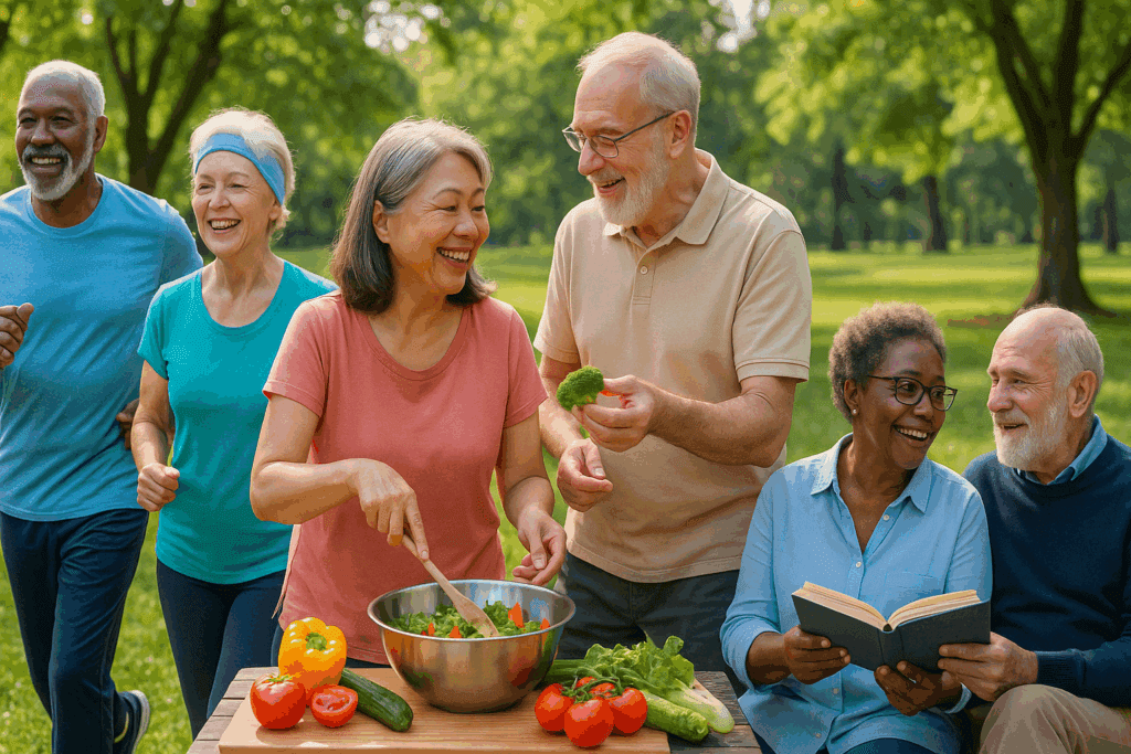 Active seniors cooking, reading, exercising, and socializing in a park—promoting healthy habits that may delay what is senile dementia.