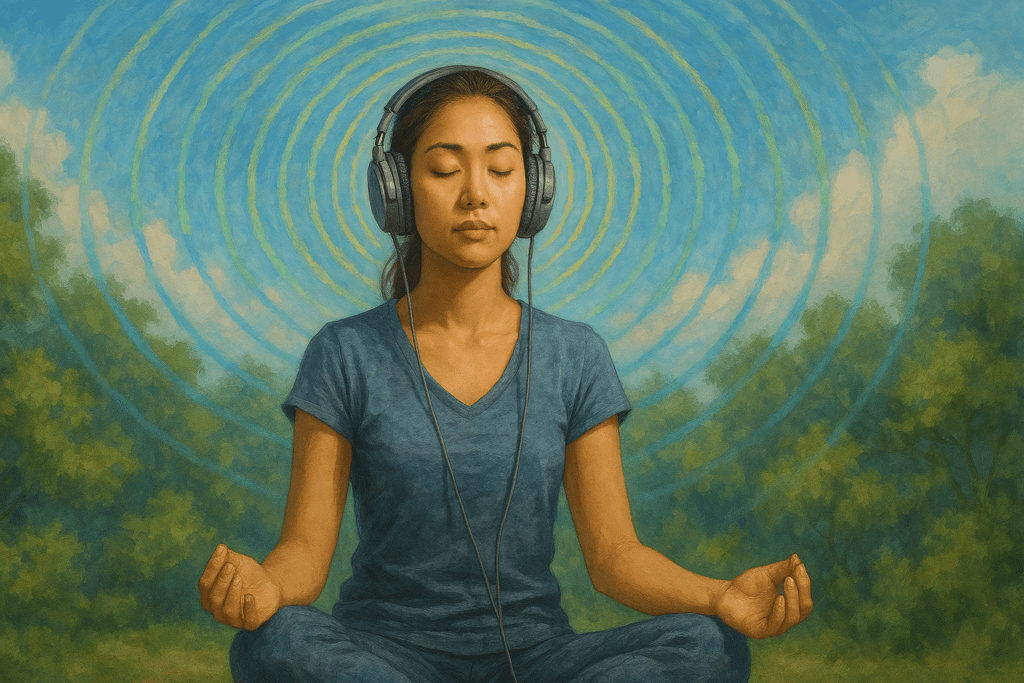 A serene young woman wearing headphones meditates outdoors as vibrant sound waves radiate from her forehead, representing the connection between focus songs and enhanced mental clarity in a natural setting.