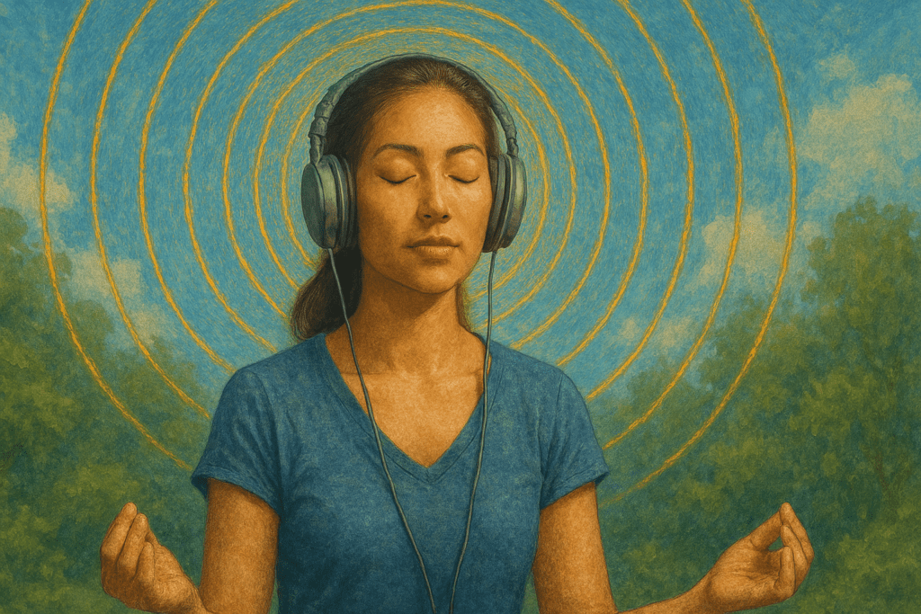 A calm woman with eyes closed sits in meditation with gray headphones, surrounded by soft concentric energy waves, visually depicting the mental balance achieved through focus music in a tranquil forest scene.