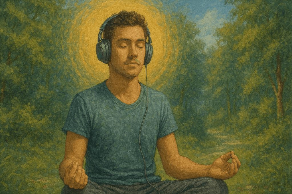 A young man meditates in a sun-dappled forest with headphones on, surrounded by glowing light and textured greenery, representing the soothing effects of focus songs on mindfulness and brain clarity.