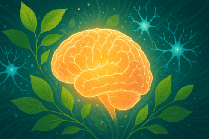 Glowing human brain surrounded by green leaves and neurons, symbolizing energy and vitality in a visual concept of what is cognitive health.