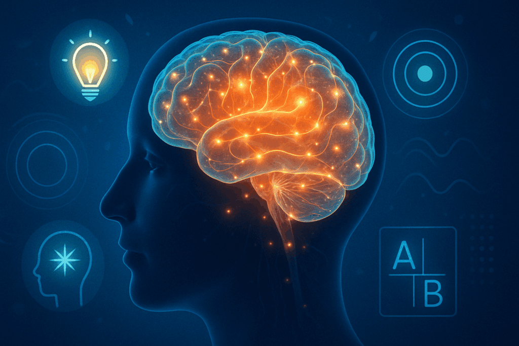 Human head in profile with glowing brain regions for memory, language, and focus, what is cognitive health.