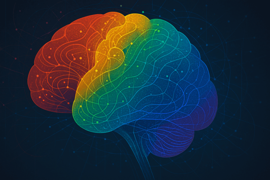 Color-coded brain illustration symbolizing key cognitive domains—memory, attention, language, and executive function—used in an article exploring what is cognitive health.
