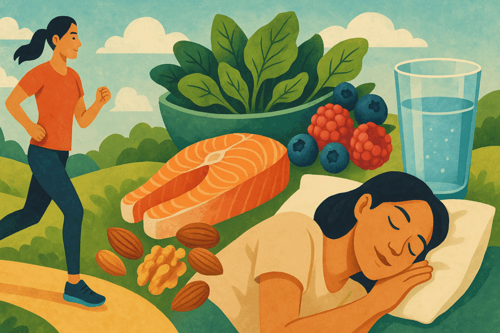 Holistic lifestyle collage showing jogging, healthy foods like salmon and berries, restful sleep, and hydration to illustrate what is cognitive health.