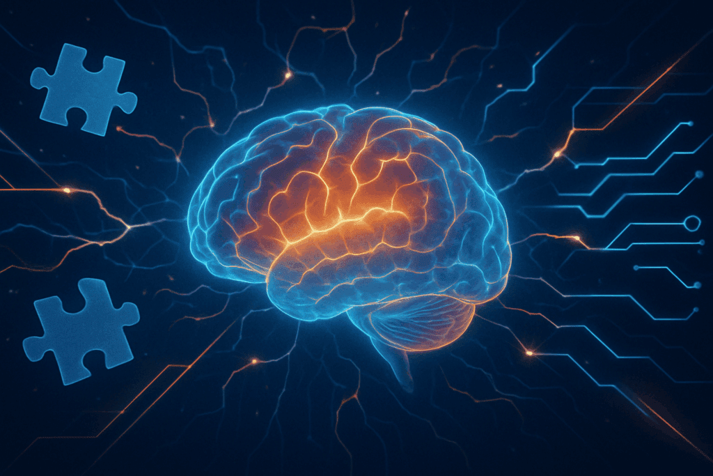 Glowing brain with neural pathways, circuitry, and puzzle pieces symbolizing neuroplasticity and illustrating what is cognitive health.
