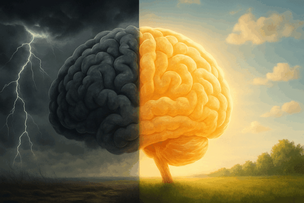 Split-scene illustration showing a stormy, chaotic brain transforming into a calm, radiant brain, symbolizing stress relief and what is cognitive health.
