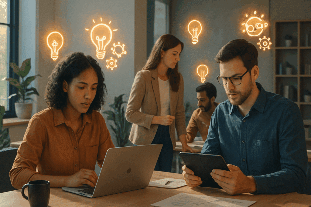 Diverse professionals collaborating in a modern office with glowing idea icons, visually illustrating what is cognitive health in workplace settings.