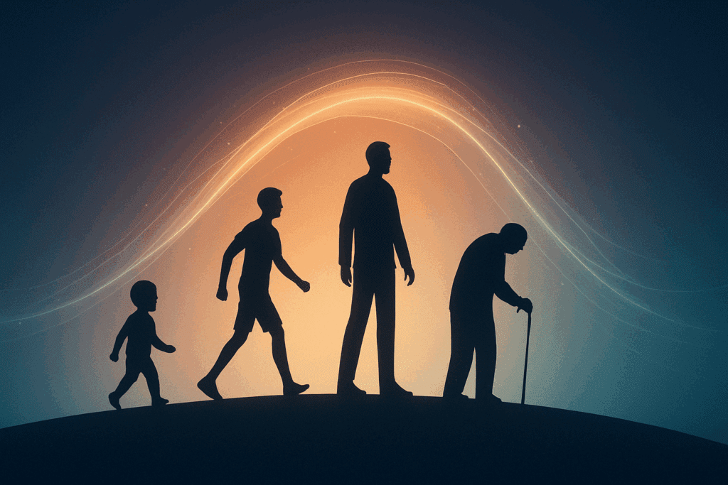 Visual representation of what is cognitive health showing symbolic silhouettes from childhood to old age along an arc of mental development and decline.