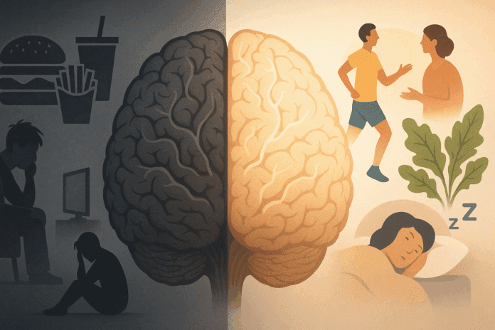 Split-screen illustration of a human brain showing lifestyle contrast, symbolizing the 7 Daily Habits That May Accelerate Dementia versus brain-healthy behaviors.