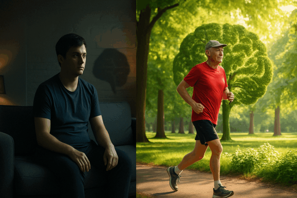 Split-screen image showing a sedentary man indoors and an older adult jogging outdoors, illustrating the impact of 7 Daily Habits That May Accelerate Dementia.