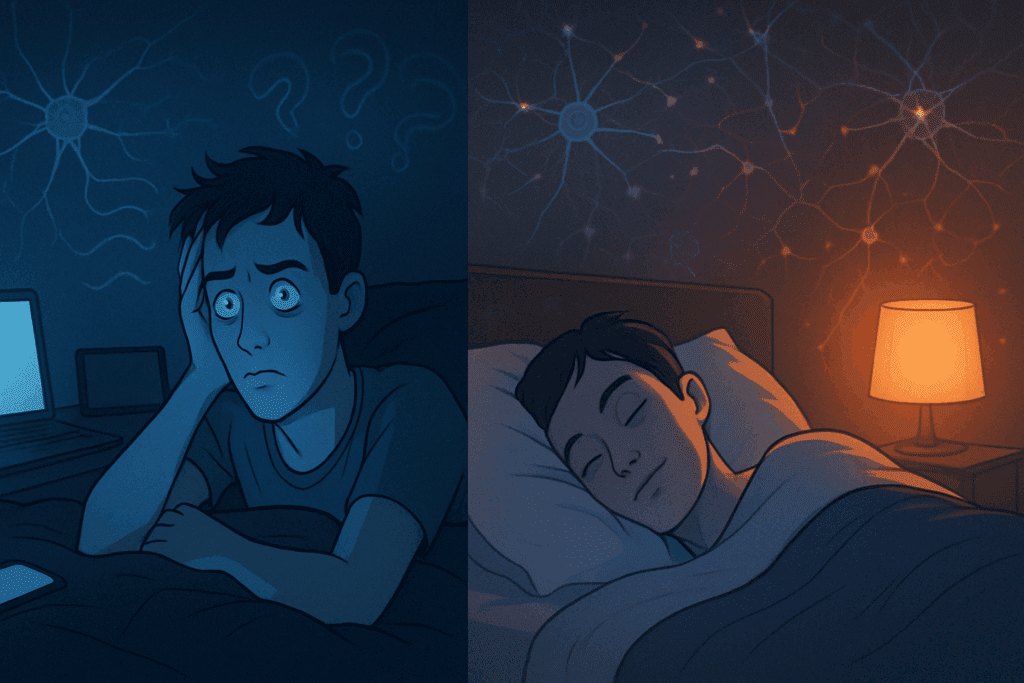 Split illustration showing the contrast between restless sleep caused by screen exposure and anxiety, and deep restorative sleep, highlighting 7 Daily Habits That May Accelerate Dementia.