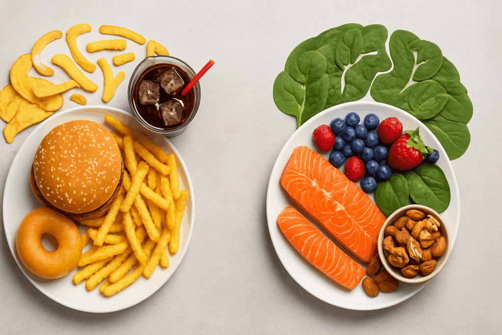 Top-down view of two contrasting plates—one with fries, burger, and soda, and the other with salmon, berries, greens, and nuts—visually representing dietary impacts tied to 7 Daily Habits That May Accelerate Dementia.