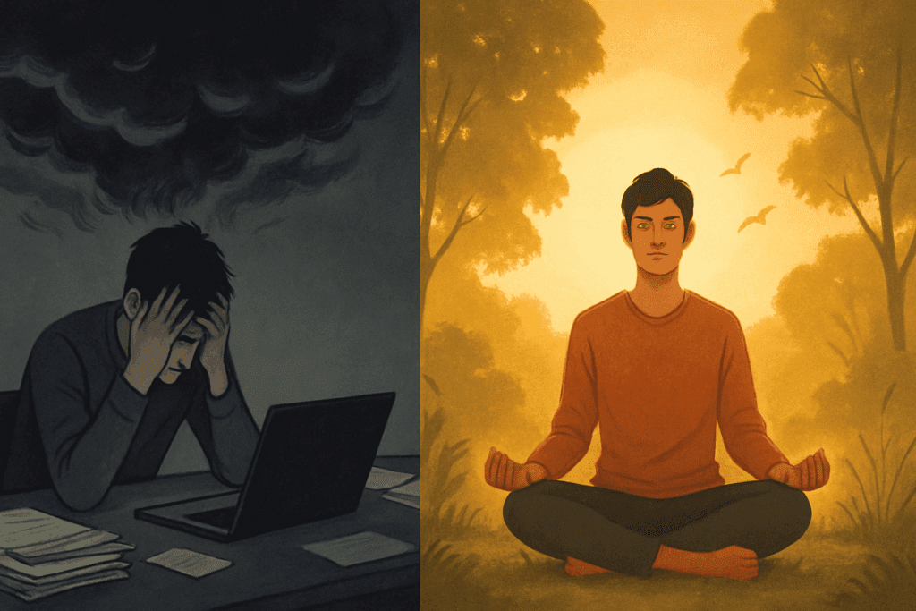 Stressed man at cluttered desk under dark clouds contrasted with peaceful version of himself meditating in nature, symbolizing the cognitive impact of 7 Daily Habits That May Accelerate Dementia.