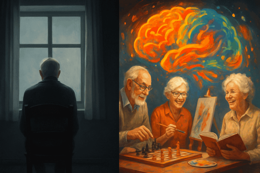 Contrast of 7 daily habits that may accelerate dementia, showing an isolated elderly man in a dim room beside engaged seniors playing chess, painting, and reading.