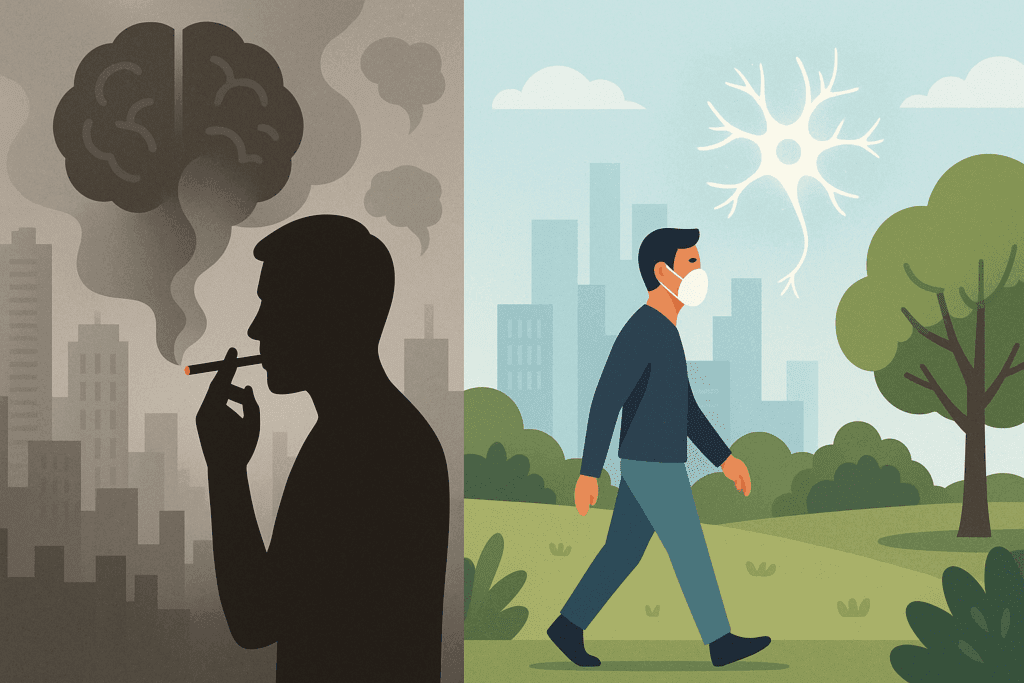 Split cityscape showing contrast between polluted area with a person smoking and a clean park with a masked walker, symbolizing brain impact of 7 Daily Habits That May Accelerate Dementia.