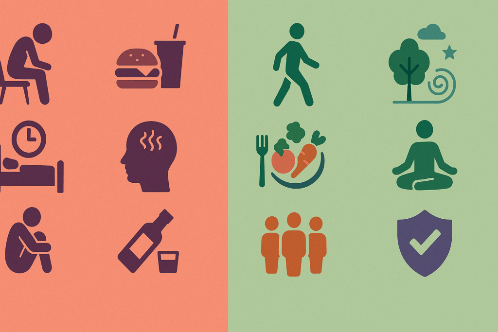 Infographic illustrating 7 Daily Habits That May Accelerate Dementia alongside brain-healthy alternatives using icons for inactivity, junk food, poor sleep, stress, isolation, alcohol, and pollution versus walking, healthy eating, sleep, meditation, socializing, sobriety, and fresh air.