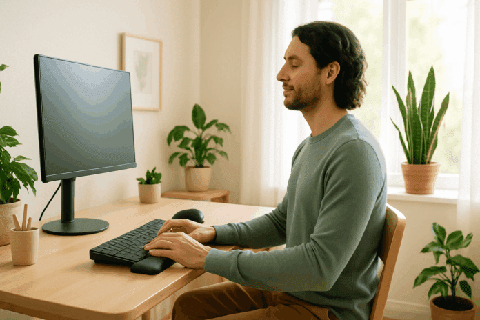 Person using an ergonomic keyboard with neutral wrist position at a calming home workstation, illustrating carpal tunnel syndrome home remedies through proper posture and workspace setup.