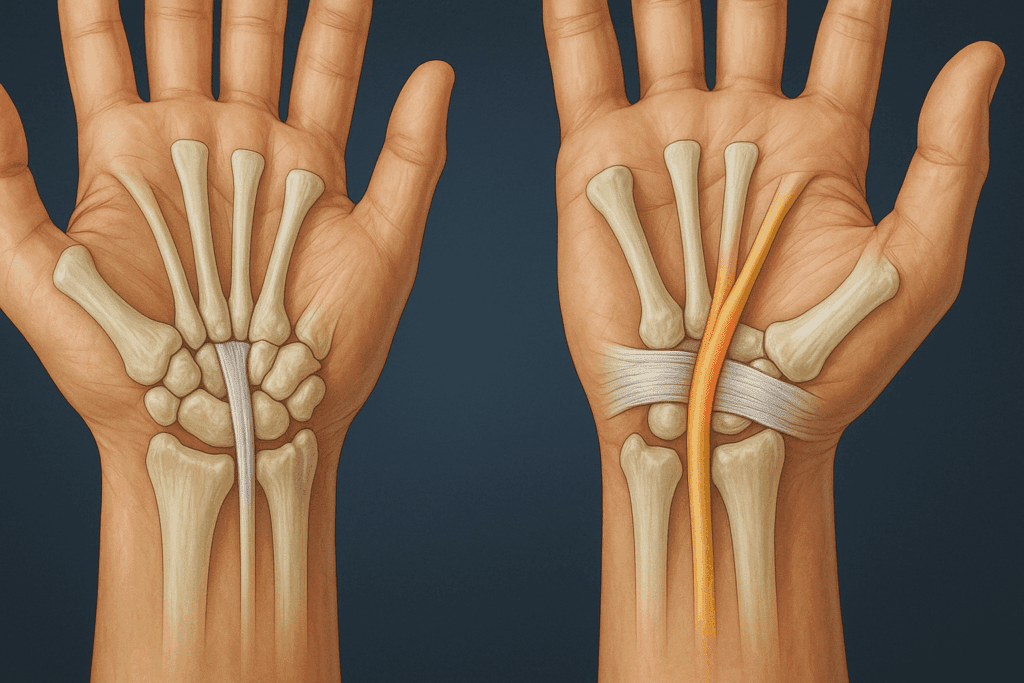 Anatomical illustration of a healthy wrist and one with median nerve compression, highlighting structures involved in carpal tunnel syndrome home remedies.