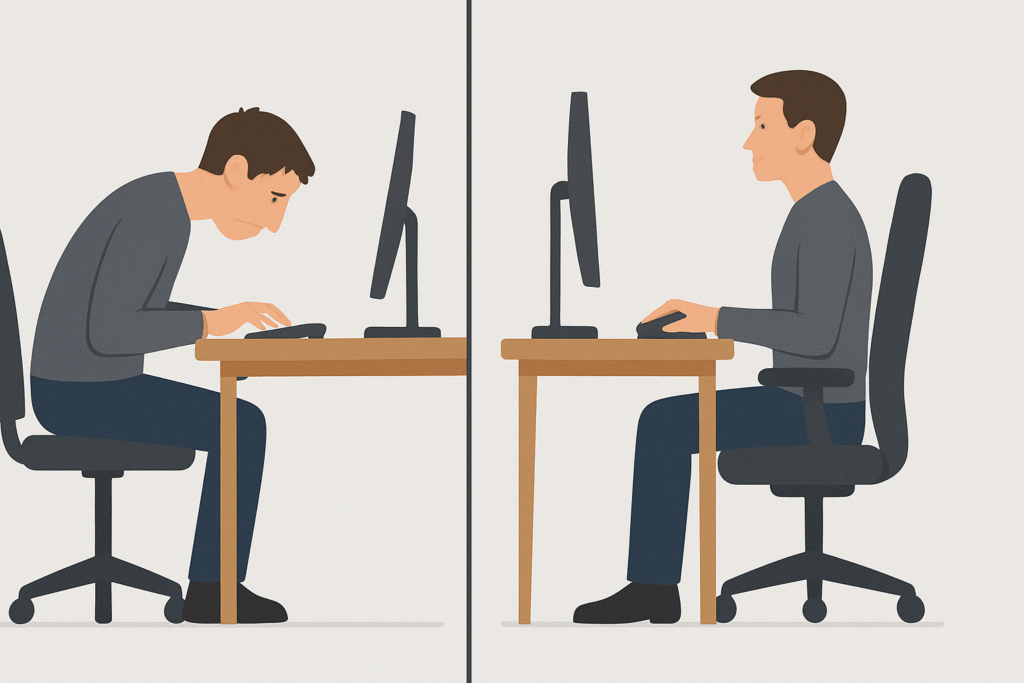 Side-by-side comparison of poor and proper desk posture illustrating ergonomic carpal tunnel syndrome home remedies.