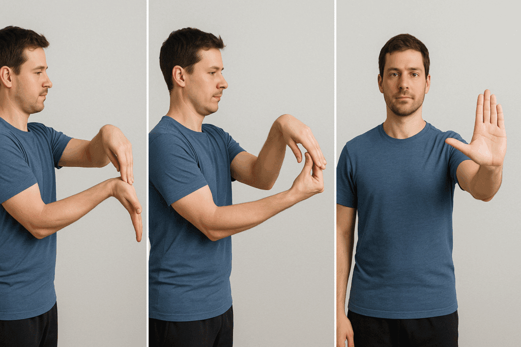 Man demonstrating wrist flexor, extensor, and nerve gliding stretches as part of carpal tunnel syndrome home remedies.