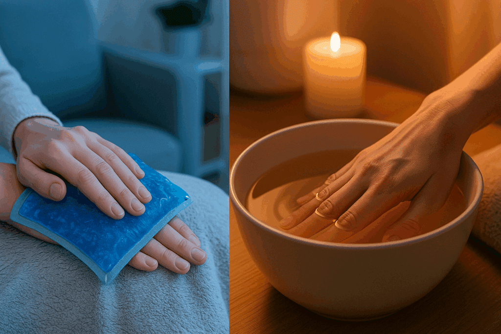 Hand applying cold pack next to another soaking in warm water, illustrating carpal tunnel syndrome home remedies using heat and cold therapy.