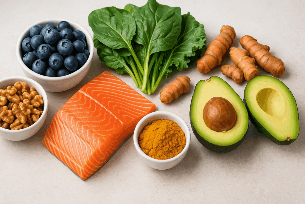 Anti-inflammatory foods like salmon, blueberries, walnuts, leafy greens, turmeric, avocados, and flaxseeds arranged on a kitchen counter to support carpal tunnel syndrome home remedies.