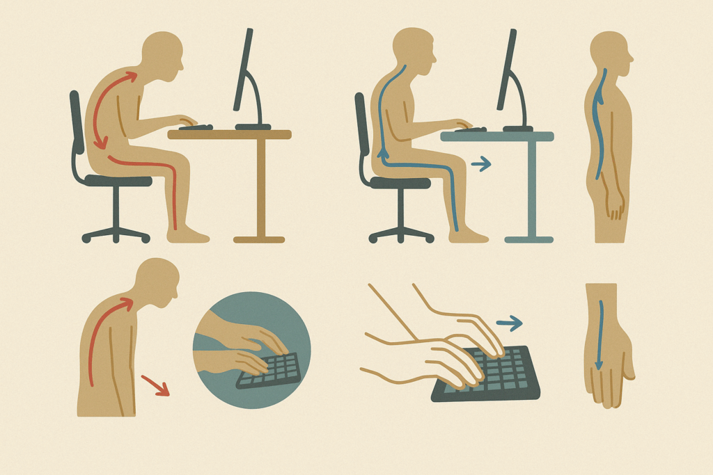Diagram comparing poor and optimal posture for carpal tunnel syndrome home remedies, with illustrations of sitting, standing, and typing alignment.
