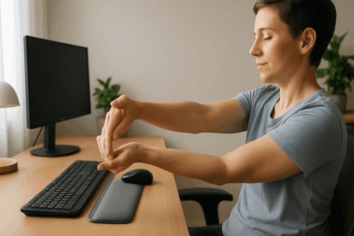 Person performing wrist stretch at ergonomic desk setup, demonstrating one of the best carpal tunnel exercises for pain relief.