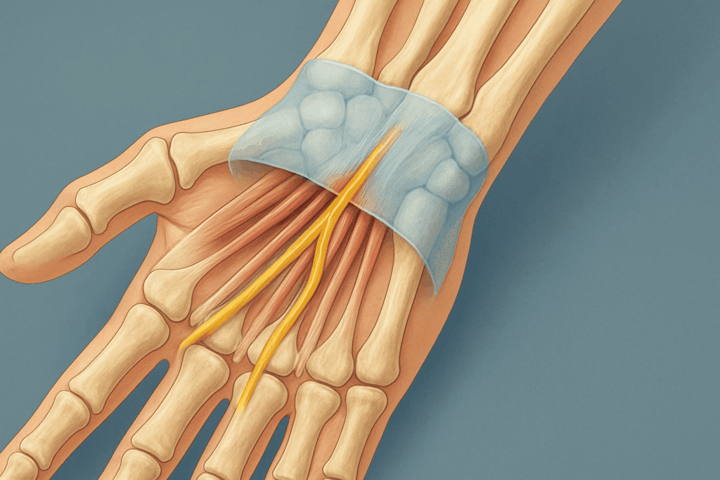 Anatomical illustration of the wrist showing median nerve compression in the carpal tunnel, used to explain the best carpal tunnel exercises.