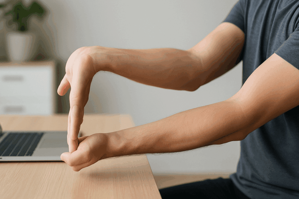 Office worker performing a wrist flexor stretch at desk, demonstrating one of the best carpal tunnel exercises to relieve forearm tension.