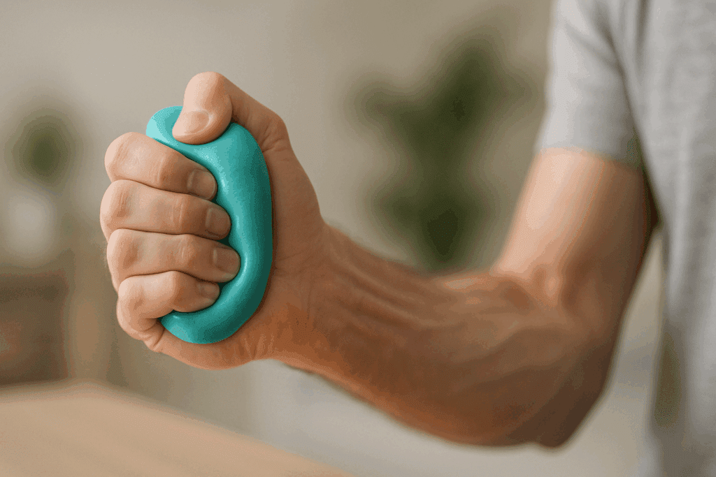 Hand squeezing therapy putty in a rehab setting to demonstrate one of the best carpal tunnel exercises for grip strength recovery.