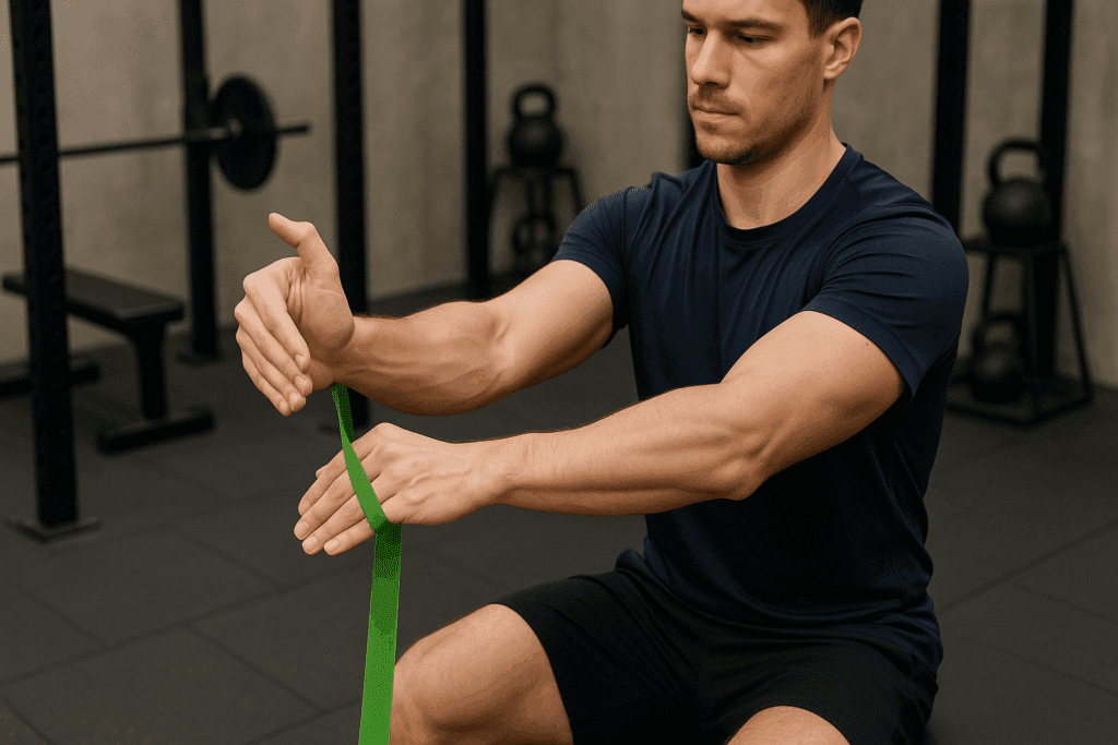 Athlete using a resistance band for forearm strengthening during wrist rehab, demonstrating one of the best carpal tunnel exercises in a gym setting.