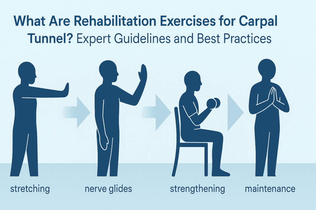 Infographic showing progressive phases of the best carpal tunnel exercises: stretching, nerve glides, strengthening, and maintenance using human silhouettes