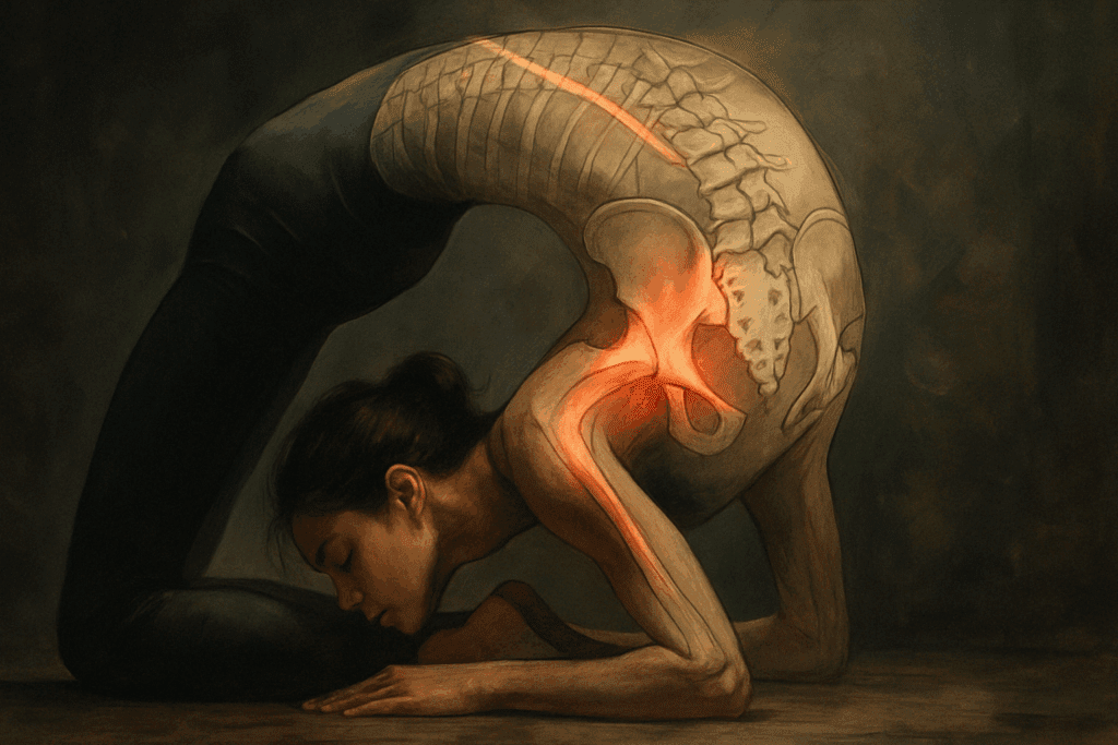 Yoga practitioner in a deep backbend overlaid with anatomical highlights of hip and spine ligaments, visualizing the question: can you stretch ligaments