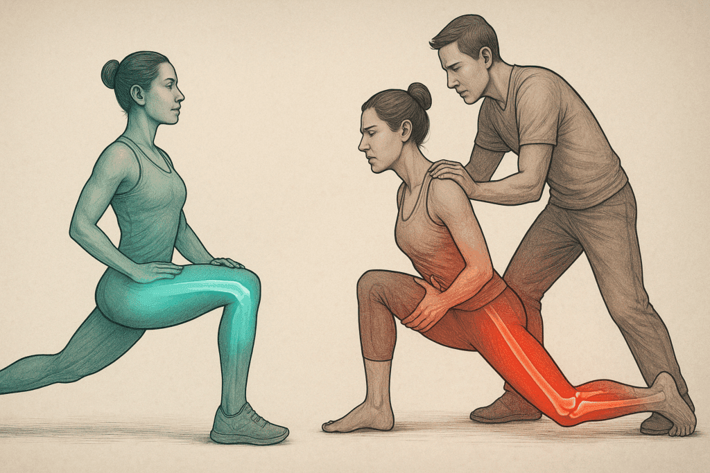 Side-by-side illustration showing safe dynamic stretching versus risky overstretching to explain can you stretch ligaments safely during flexibility training