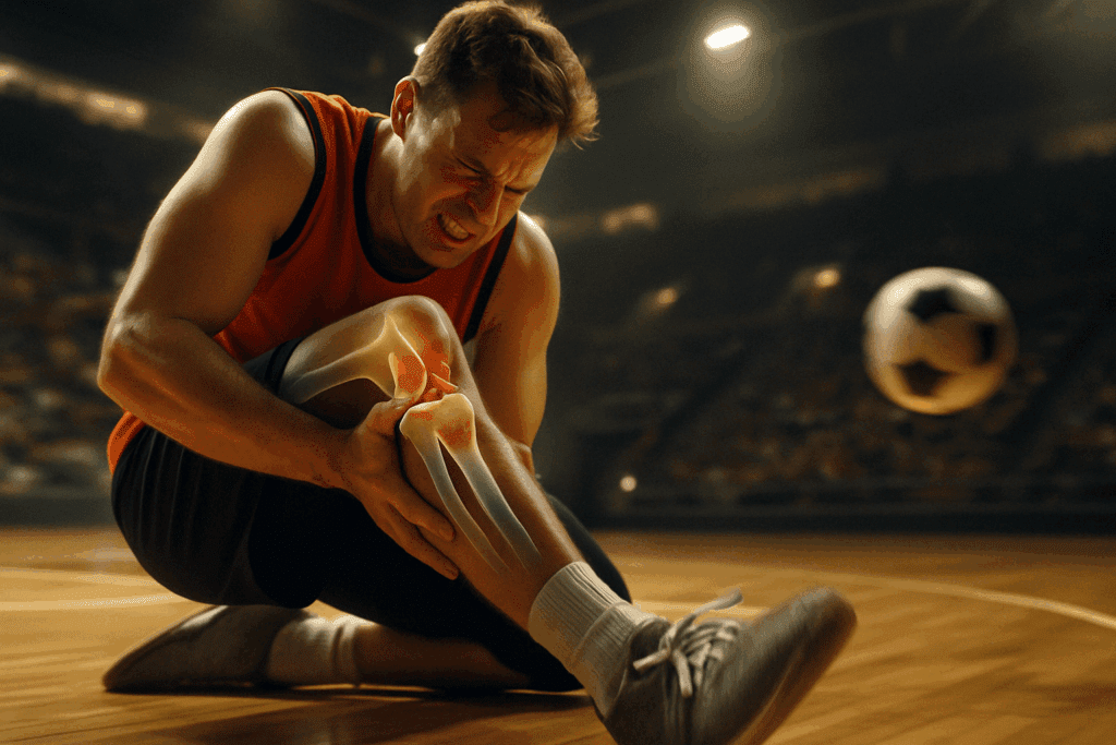 Basketball player clutching injured knee after awkward landing, highlighting ligament tear to explore can you stretch ligaments safely