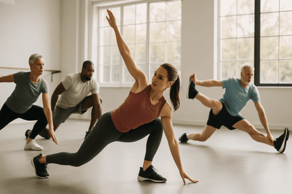 Diverse group of adults performing controlled mobility drills in a sunny studio, demonstrating how you can stretch ligaments safely through active flexibility training.