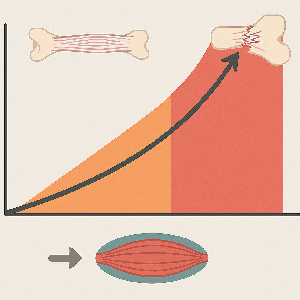 Stress-strain curve infographic illustrating ligament deformation zones with collagen fiber stretching and microtearing, answering can you stretch ligaments.