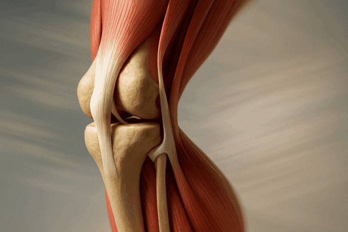 Anatomically accurate human knee showing ACL and MCL ligaments with surrounding muscles and bones, exploring can you stretch ligaments.