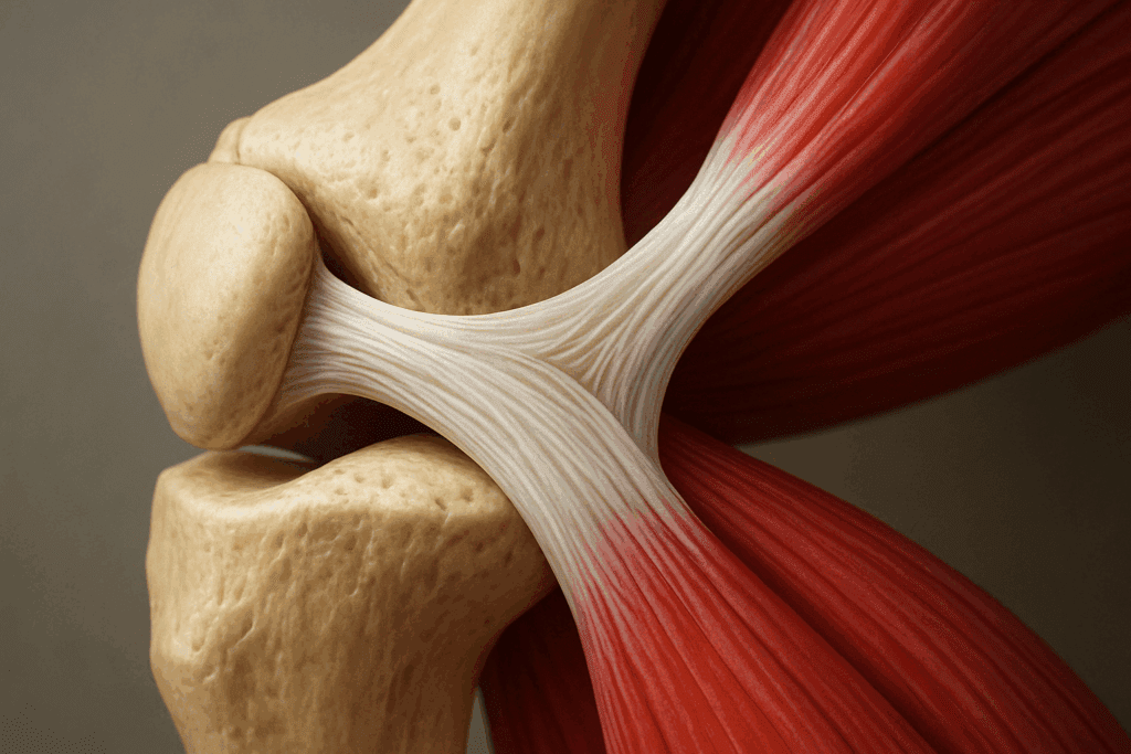 Close-up anatomical view of a joint showing ligaments connecting bones, illustrating can you stretch ligaments concept.
