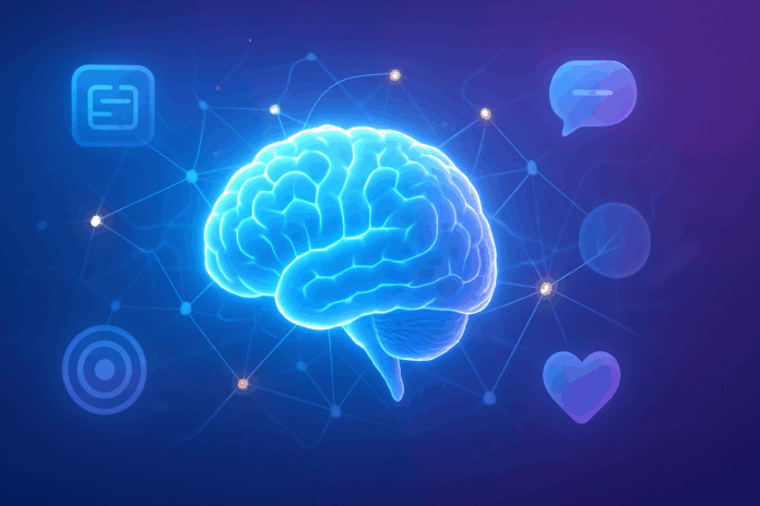 Futuristic digital illustration visualizing what is cognitive function with a glowing brain, neural networks, and abstract icons for memory, focus, and emotion.