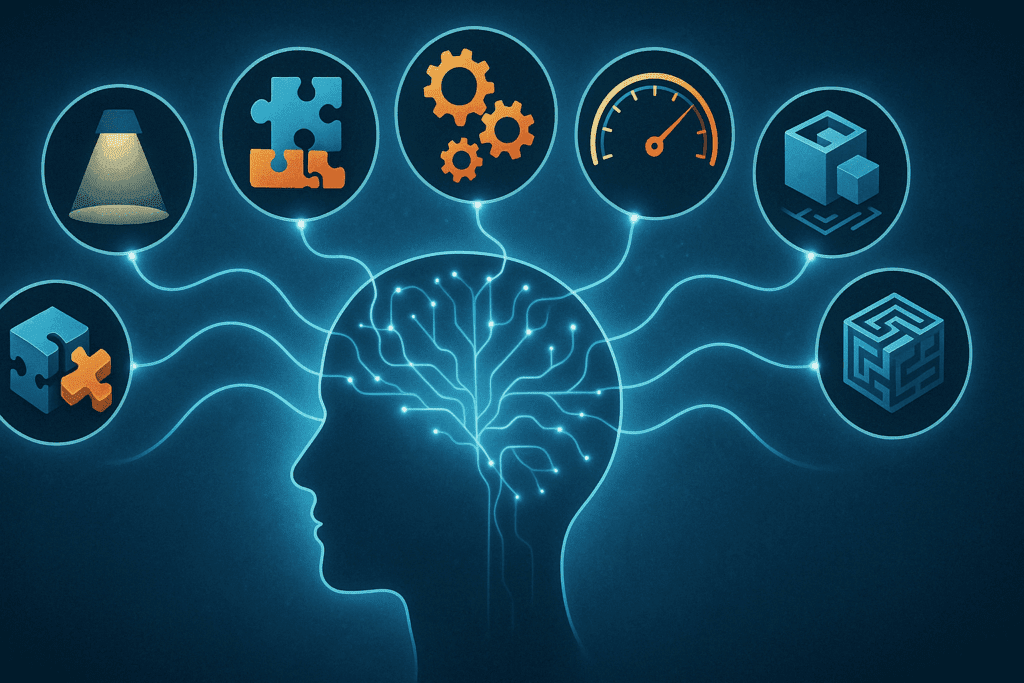 Stylized brain silhouette with icons symbolizing what is cognitive function—attention, memory, executive skills, language, speed, and spatial ability.