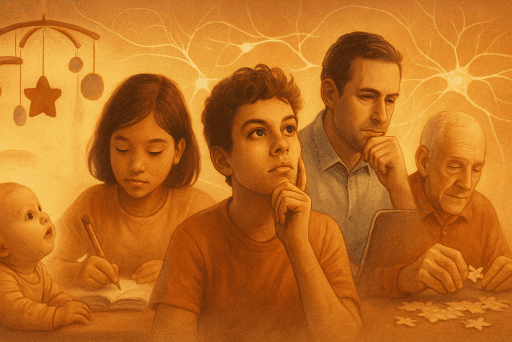 Illustration of cognitive development across life stages showing what is cognitive function from infancy to old age through learning, creativity, and problem-solving.