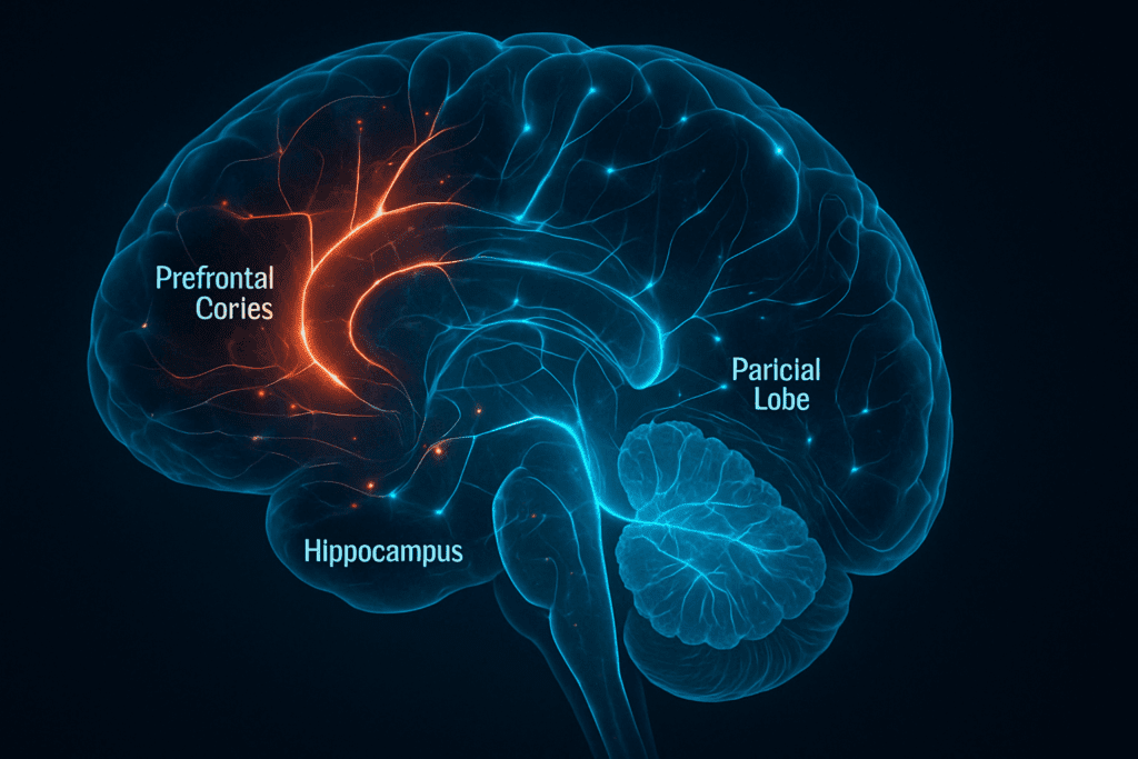 High-tech brain illustration highlighting prefrontal cortex, hippocampus, and parietal lobe to explain what is cognitive function.