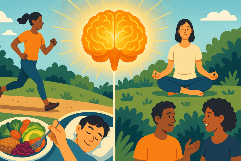 Split-scene illustration answering what is cognitive function, showing exercise, healthy eating, sleep, meditation, and social interaction under a glowing brain.