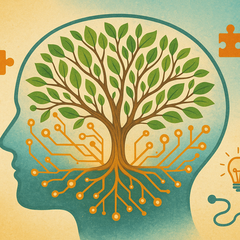 Artistic visualization of what is cognitive function, showing a tree of neural circuits growing inside a translucent brain with icons representing memory, learning, and neuroplasticity.
