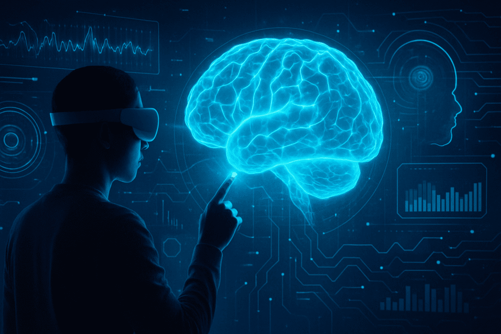 Person using wearable tech to interact with a holographic brain model in a futuristic lab, illustrating what is cognitive function through real-time neural data.
